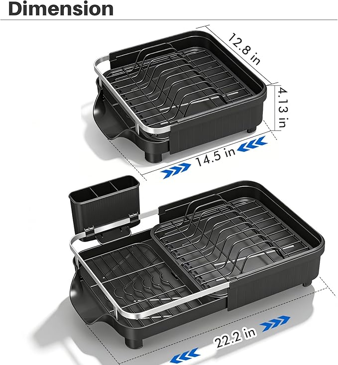 Dish Drying Rack – Expandable Dish Rack for Kitchen Counter, Stainless Steel Dish Drainer with Utensil Holder, Black