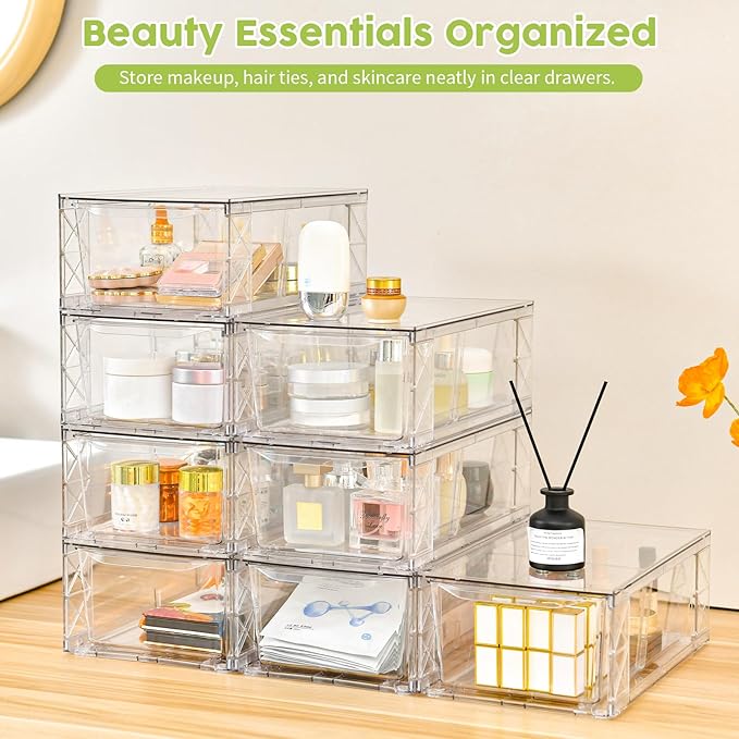8 Pack Acrylic Storage Drawers, Clear Stackable Storage Drawers, Acrylic Organizers Drawers for Under Sink, Pantry, Bathroom, AcrylicStorage Containers for Makeup Organizers Cosmetic Display, Medium