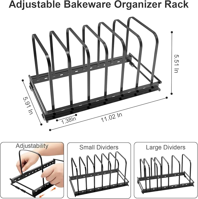 Cutting Board Organizer Rack, 1-Pack Adjustable Bakeware Organizer Holder for Cabinet Countertop, 7 Slots Metal Rack Cookie Baking Sheet, Pot Pan Lids Divider Kitchen Organization Storage, Black