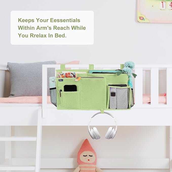 Surblue Bedside Caddy Hanging Bed Organizer Storage Bag Pocket for Bunk and Hospital Beds, College Dorm Rooms Baby Bed Rails, Camp 8 Pockets, (Large, Sage Green)