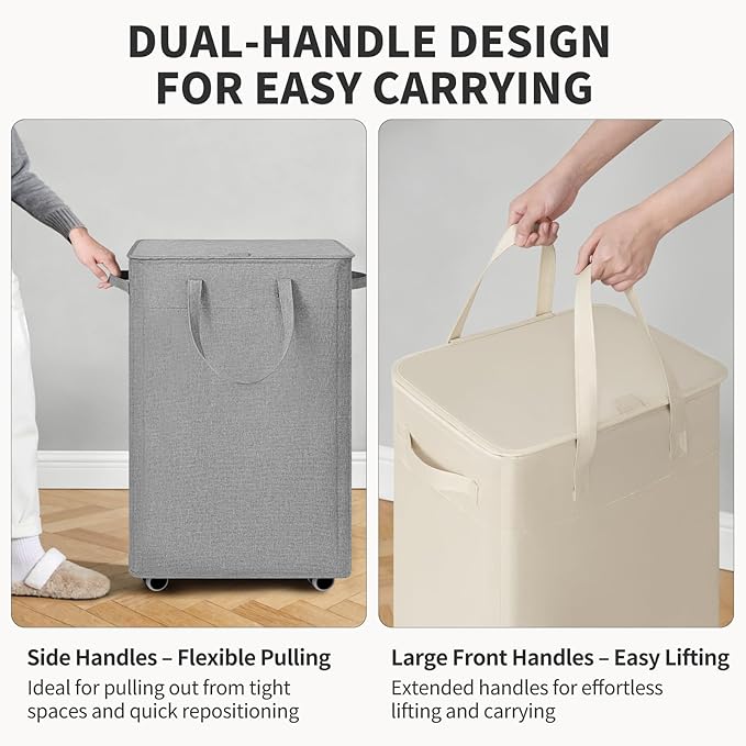 Goodpick Laundry Basket with Wheels and Lid, 100L Collapsible Basket with Removable Wash Bag, Extra Large Rolling Laundry Hamper for Dirty Clothes Blankets, Light Grey, 17.2" x 13.2" x 32"