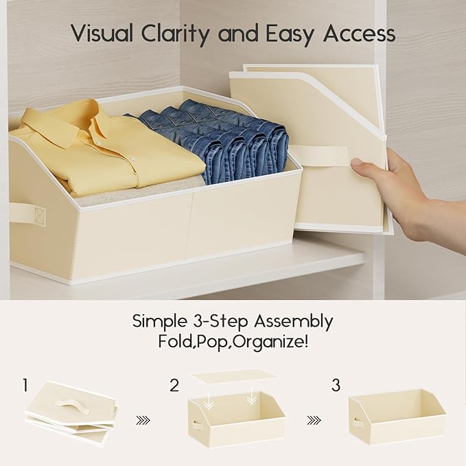 Large Closet Organizers and Storage Bins - 4 Pack Trapezoid Storage Baskets for Shelves, Foldable Fabric Baskets with Handles Ideal for Closet, Basket, Wardrobe and Shelf Storage, Beige