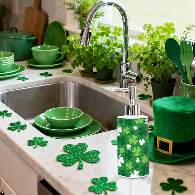 JarThenaAMCS St. Patrick's Day Soap Dispenser Glass Dispenser with Pump Refillable Green Shamrock Clover Liquid Soap Container for Irish Holiday Home Kitchen Bathroom Countertop