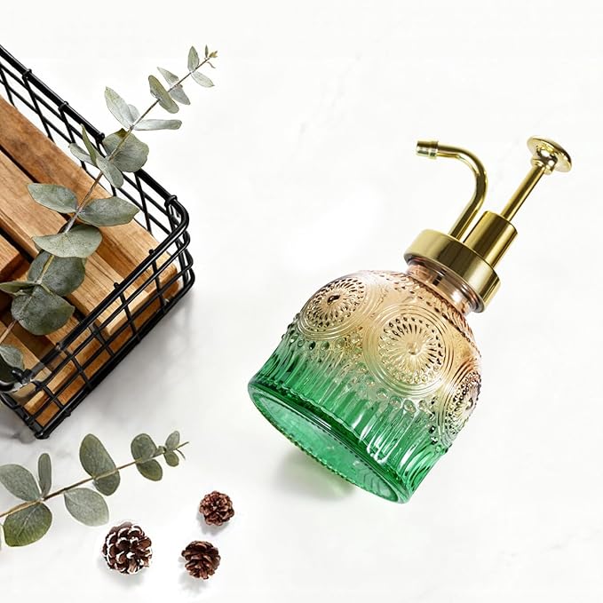 Amolliar 8 Oz Vintage Glass Bathroom Soap Dispensers with Pump, Refillable Kitchen Dish Soap Dispenser with Stripe, Antique Rustic Hand Soap Liquid Bottle (Green Gradient-Golden Pump)