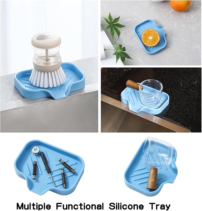MicoYang Silicone Bathroom Soap Dishes with Drain Spout-Bathroom and Kitchen Sink Organizer,Sponge Holder,Dish Soap Tray,Perfect for Dispenser,Scrubber,Bottle on Sink or Counter-Light Blue 4.9"×3.2"