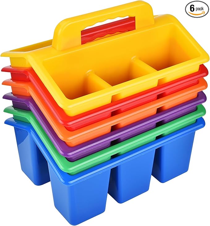 ALINK Classroom Caddy Storage Basket with Handle, 6 Pack Plastic Arts Office Crafts Caddy 4 Compartments for Kids, Pencil, Crayon, Marker, School Supplies, 6 Colors