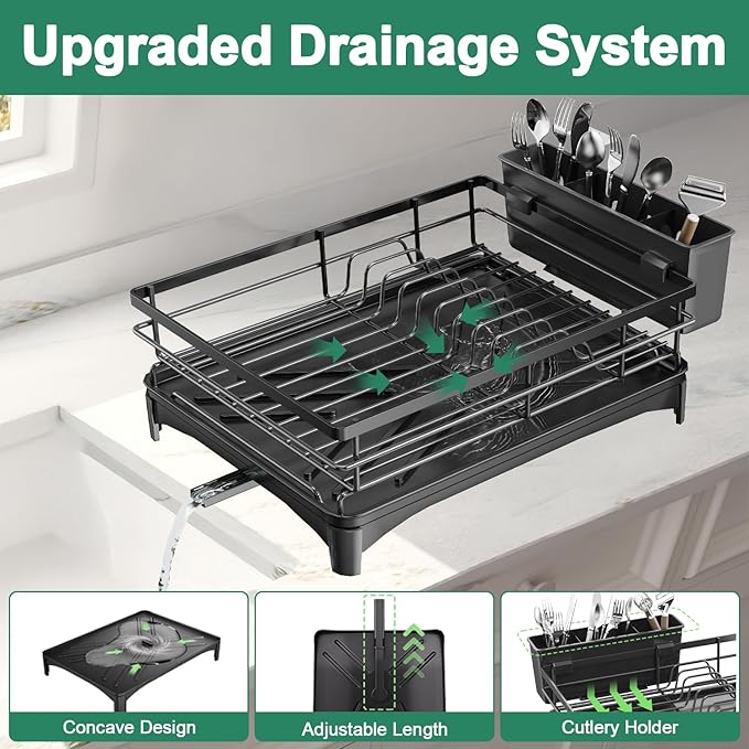 Dish Drying Rack for Kitchen Counter - Large Dish Rack with Removable Drainboard & Utensil Holder, Rustproof Metal Dish Drainer for Kitchen Sink