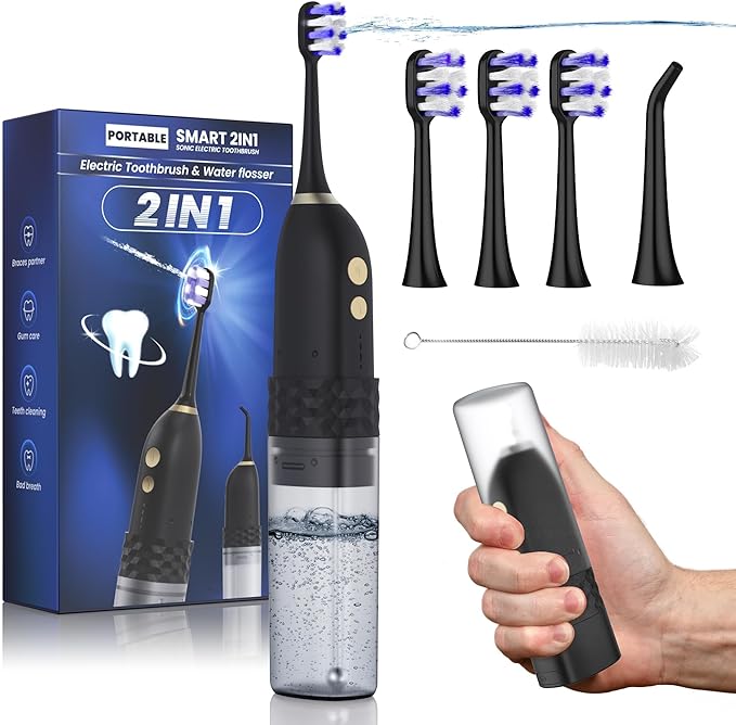 Electric Toothbrush with Water flosser, 2 in 1 Teeth Cleaning Kit, Toothbrush and Water flosser Combo, 25-Day Battery, Travel Toothbrush with Water Bottle(Black)