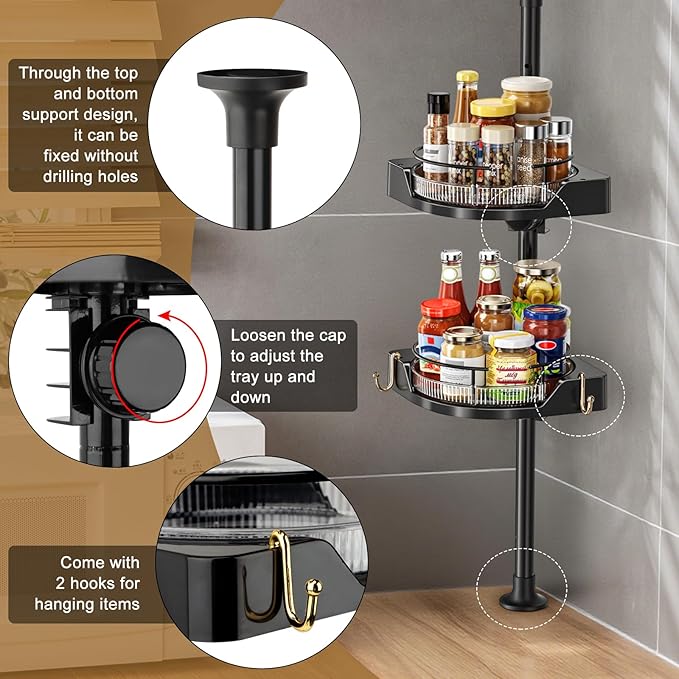 2-Tier Corner Spice Rack Organizer – 360° Rotatable, 19.68-43.5" Height Adjustable, 11LBS Load-Bearing with Hooks – Space-Saving for Kitchen Counter/Cabinet Gaps, Tame Seasoning Clutter (Black)
