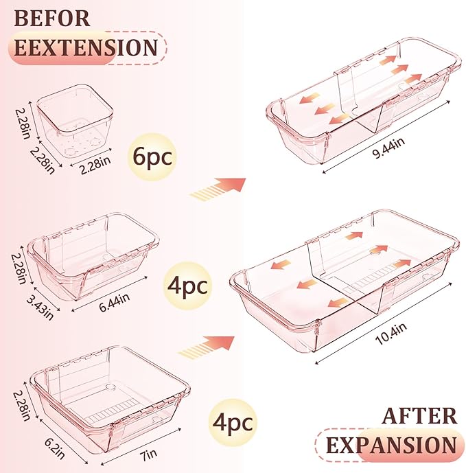 14 Pcs Clear Drawer Organizer, Adjustable Drawer Storage Box, 3-Size Desk Drawer Organizer, Acrylic Storage Bins for Makeup, Kitchen Utensils, Bedroom Dressers Tool Organizer for Gadgets, Pink