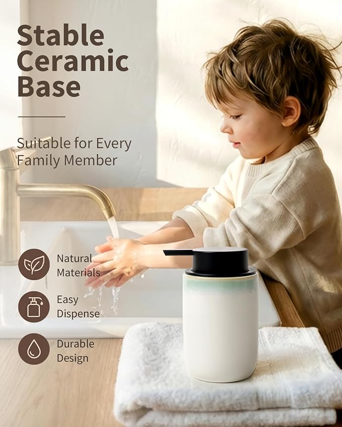 BosilunLife Hand Soap Dispenser - Foam Soap Dispenser Bathroom Ceramic Dish Liquid Soap Dispenser for Kitchen, Bathroom Countertop Soap Dispensers (White with Blue-Green Rim Liquid Pump)