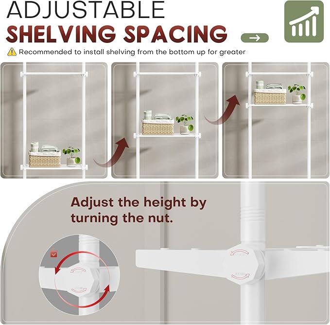 Goovilla Over The Toilet Storage Shelf, 4 Tier Bathroom Organizer Shelves with 64-124inch(H) 15-27inch(W) Adjustable No Drilling Tension Mounting, White Space Saver Bathroom Shelf Rack Above Toilet