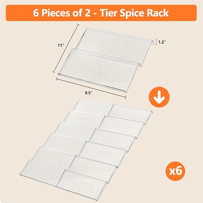 6 Pack Spice Drawer Organizer, 6 Tier Drawer Clear Seasoning Organizer, Extended From 11" to 22", Spice Rack Organizer for Drawer and Kithchen (Jars Not Included)