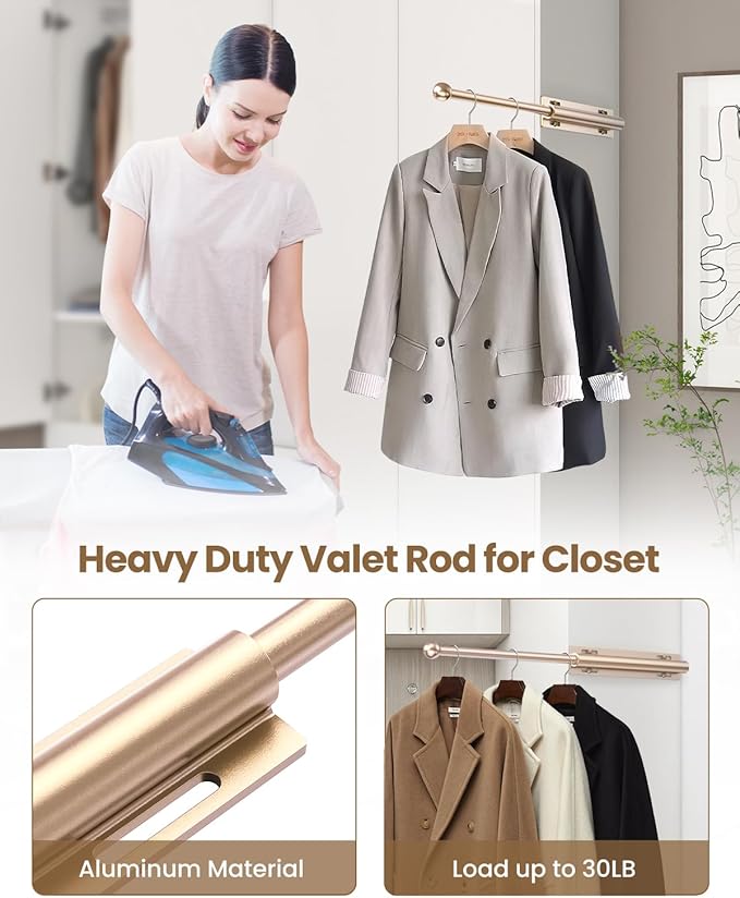 Valet Rod for Closet Pull Out, Retractable Slide Out Valet Rod Closet Organization, 12" Aluminum Valet Clothing Hanger Rods Perfect for Suits, Freshly Pressed Clothes, Gold