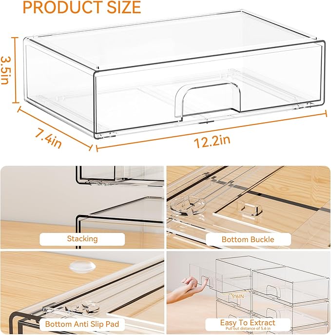2 Pack Acrylic Drawer Organizer,12.2''W Clear Stackable Storage Drawers,Acrylic Boxes for Storage Makeup Palettes,Cosmetics,Pull Out Bathroom Storage Bins for Hair Products,Medicine Cabinet Organizer