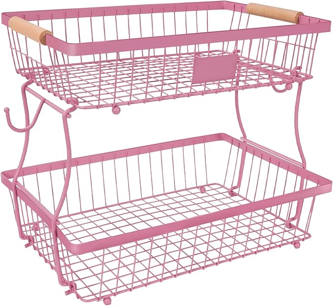 Fruit Basket Bowl 2 Tier Detachable with 2 Banana Hangers, Fruit Stand Holder for Kitchen Countertop, Metal Wire Vegetable Storage Organizer, for Bread Snack Veggies Produce, pink