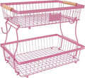 Fruit Basket Bowl 2 Tier Detachable with 2 Banana Hangers, Fruit Stand Holder for Kitchen Countertop, Metal Wire Vegetable Storage Organizer, for Bread Snack Veggies Produce, pink