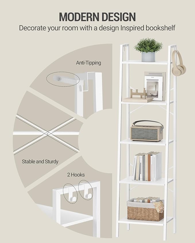 Ladder Shelf, Bookshelf Bookcase, Freestanding Corner Storage Shelve with 2 Hooks for Home Office, Living Room, Kitchen, Bedroom, Industrial, 11.8" D x 17.3" W x 63" H, White BC19213W