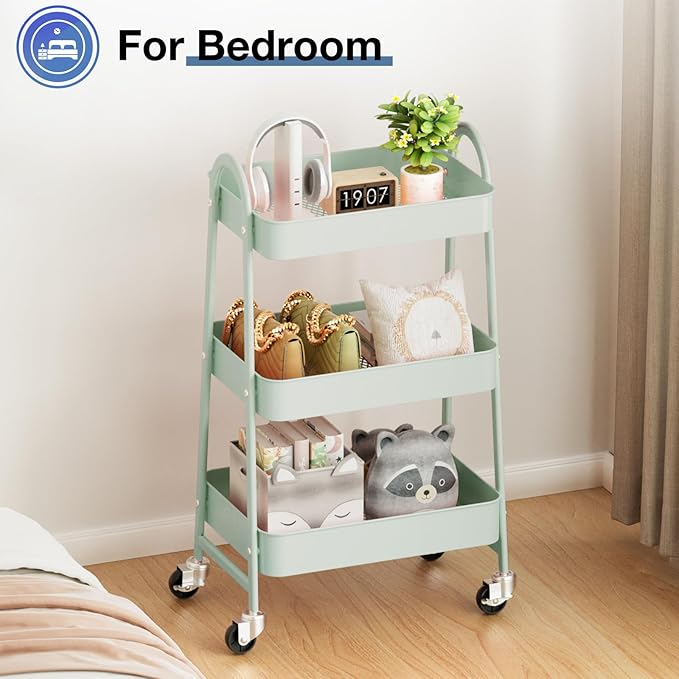 OLIXIS 3 Tier Utility Rolling Cart with Lockable Caster Wheels, Metal Mobile Storage Shelf, Organization for Livingroom, Bathroom & Narrow Places, Pale Green