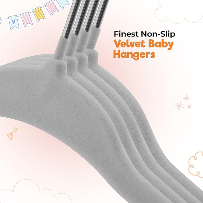 Velvet Baby Hangers with Clips (30 Pack) | 11” Ultra-Slim Baby Clothes Hangers | Non-Slip Felt | Space-Saving Nursery & Infant Closet Organizer | Gray