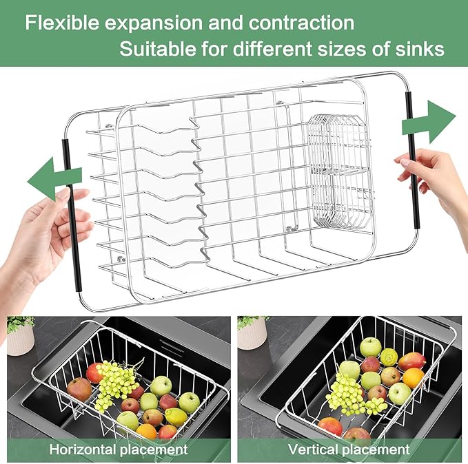 Small Dish Drainer Rack in Sink Adjustable, Expandable Stainless Steel Metal Dish Drying Rack Organizer with Stainless Steel Utensil Holder Over Inside Sink Counter, Rustproof(for 1-2 People)
