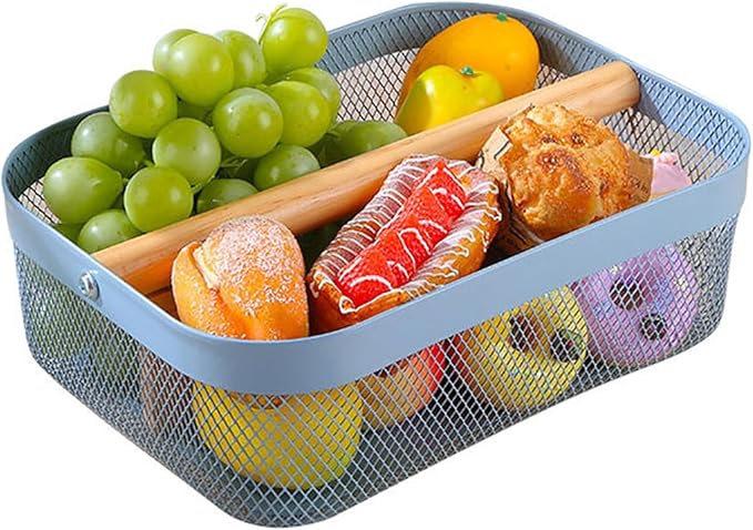 Metal Mesh Steel Storage Basket, Garden Harvest Wire Organizer Basket Multi-functional Kitchen Fruit Basket with Wooden Removable Partition & Handle for Bathroom Picnic Decor Cabinet, Blue