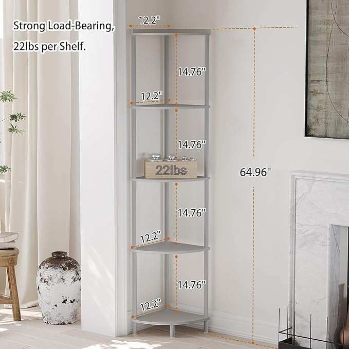 SUNMORY 5 Tier Corner Shelf Stand,Industrial 65" Corner Shelves Display Shelf for Living Room Decor,Wall Corner Bookshelf Multi Unit Organizer,Tall Shelf Plant Stand for Bedroom,Bathroom,Small Space