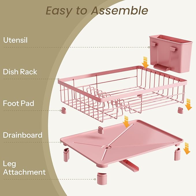 SNTD Dish Drying Rack - Small Dish Rack for Kitchen Counter, Stainless Steel Dish Drainer with Utensil Holder and Drainboard, 11" W x 15" L (Pink)