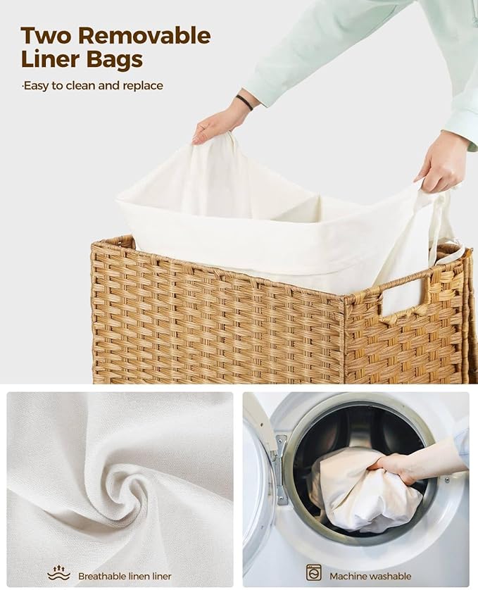 Greenstell Laundry Hamper with Wheels, No Install Needed, 90L Divided Handwoven Hampers & 2 Removable Liner Bags, Synthetic Rattan Clothes Laundry Basket with Lid & Handles, Foldable Hampers Natural