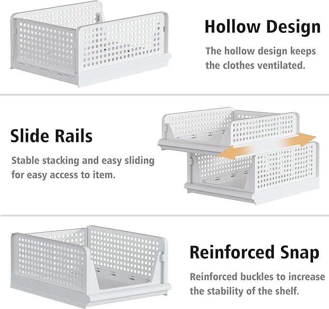 Proarea 4 Pack Stackable Plastic Storage Basket Closet Organizer Bin Foldable Clothes Organizer Storage Drawer Shelf Container for Living Room Bathroom Kitchen Office (2L+2S)