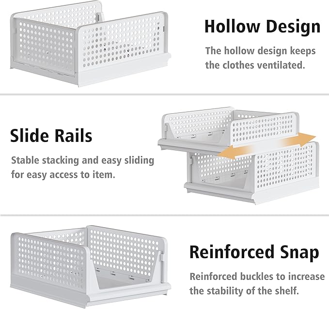 Proarea 5 Pack Stackable Plastic Storage Basket Closet Organizer Bin Foldable Clothes Organizer Storage Drawer Shelf Container for Living room Bathroom Kitchen Office (4L+1S)