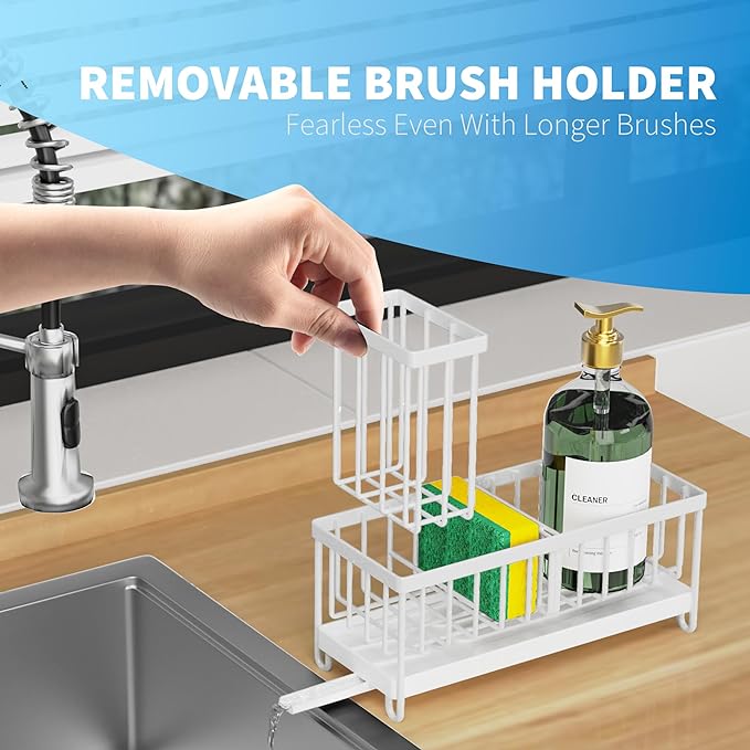 Cisily Sponge Holder for Kitchen Sink, Sink Caddy Organizer with High Brush Holder, Kitchen Countertop Organizers and Storage Essentials, Rustproof 304 Stainless Steel (White, 9.25″)