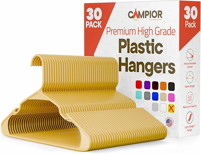 Plastic Clothes Hangers – Heavy Duty Hanger Set, for Organizing Clothes, Dresses, and Coat, Holds Up to 5 lbs, Space-Saving Hangers with Non-Slip Shoulder Grooves, Pack of 30, Yellow
