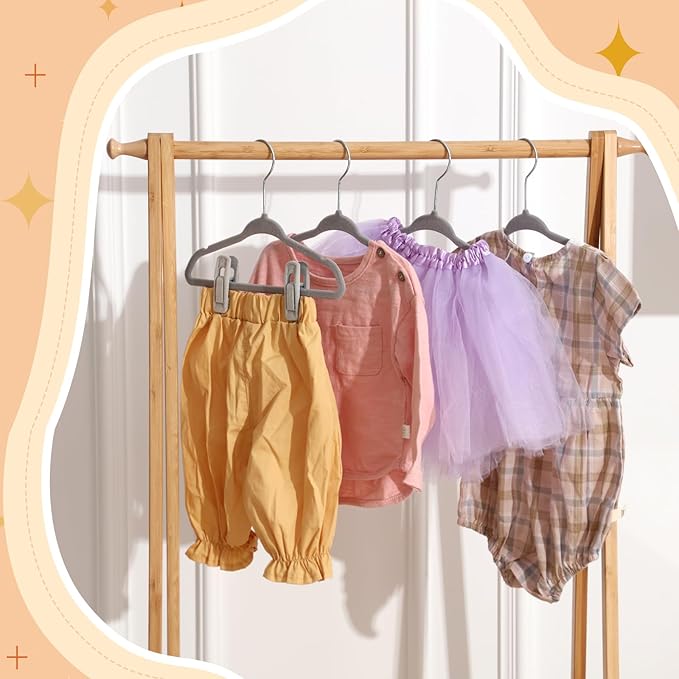 Soaoo 20pack Premium Baby Velvet Hangers with Adjustable 40 Clips, Non Slip 11 Inch Slim Kids Closet Organizer for Pants, Dresses & Matching Outfits, Nursery & Toddler Wardrobe (Grey)