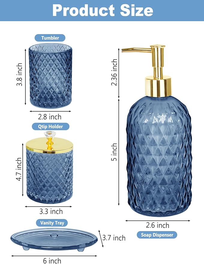 Blue Bathroom Accessories Set, 4Pcs Glass Bathroom Accessory Set Complete w/Lotion Soap Dispenser, Toothbrush Holder, Qtip Holder, Soap Dish, Gold Bathroom Decor Sets, Gift for Home Apartment
