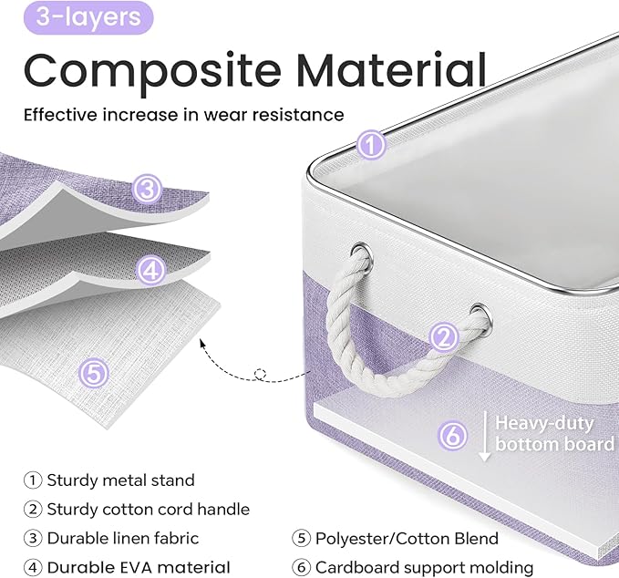 Large Storage Baskets- 15.7x11.8x8.26 inch Storage Bins for Shelves and Closet Organizing, Foldable Fabric Bin for Home Organization Clothes and Laundry (3-Pack, White&Purple)