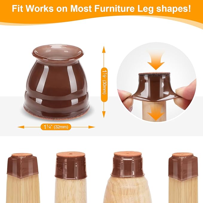 CHUNZEXI 24 Pack Chair Leg Floor Protectors for Hardwood Floors, Silicone Felt Covers Pads Caps, Protect Wood Furniture Feet Floors Noise Reduce and Scratch (Universal Small & Brown)