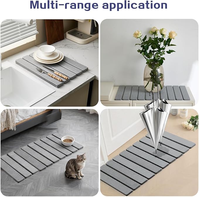 ODE TO ORDER 23.6 Inch Super Absorbent Diatomaceous Earth Mat for Bathroom, Light Grey Easy Clean Rollable Foldable Stone Bath Mat, Non-Slip Quick Dry Shower Mat for Kitchen,Outdoor Use
