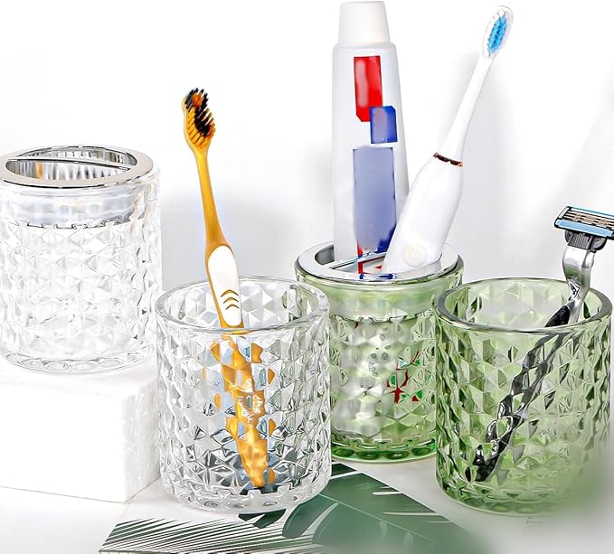 2pcs Toothbrush Holders for Bathrooms,Glass Toothbrush Holder and Bathroom Tumbler Set,Toothbrush and Toothpaste Holder with Divider,Bathroom Toothbrush Cup Holder (Clear and Silver)