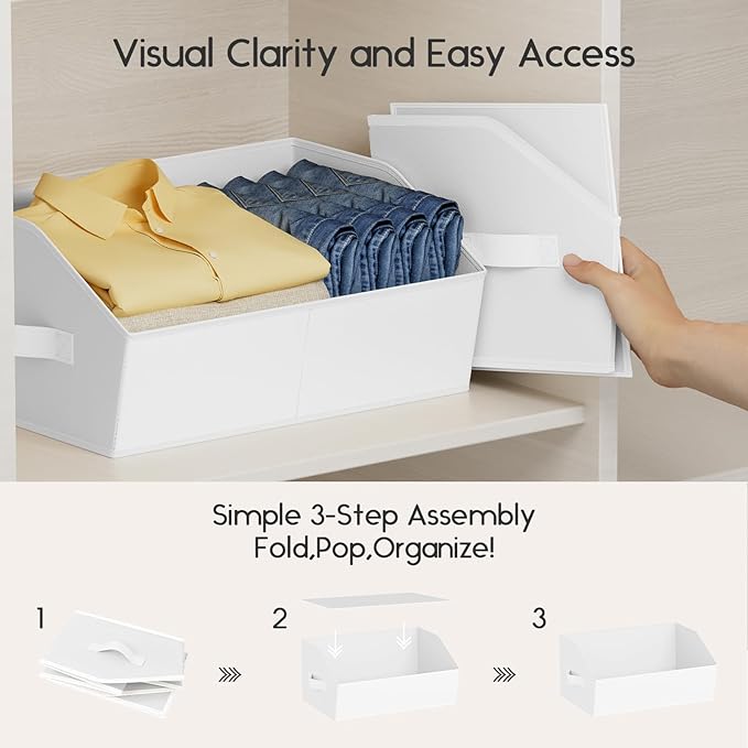 Large Closet Organizers and Storage Bins - 4 Pack Trapezoid Storage Baskets for Shelves, Foldable Fabric Baskets with Handles Ideal for Closet, Basket, Wardrobe and Shelf Storage, White