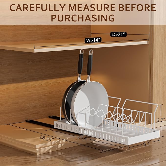 Pots and Pans Organizer Under Cabinet, Pull-out Pots and Pans Organizer, Under Cabinet Pot Lid Holder, Sliding type Pots and Pans Storage with 10 Adjustable Dividers & Handle Bracket - White