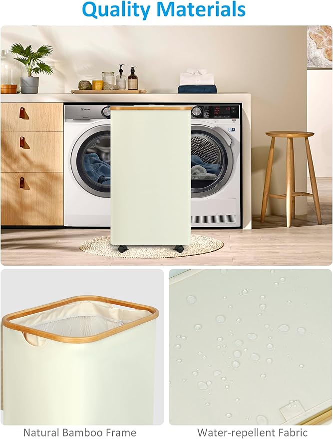 efluky Slim Laundry Basket with Wheels, Narrow Rolling Laundry Hamper with Lid and Removable Bag, Tall Aesthetic Dirty Clothes Hamper on Wheels for Laundry Room, Bedroom, Dorm and Bathroom, 100L Beige