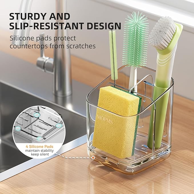 Minimalist Sponge Holder for Kitchen Sink, 3 Slots Sink Caddy with Removable Divider and Drip Tray, Clear PET Countertop Organizer to Free up Kitchen Sink Space