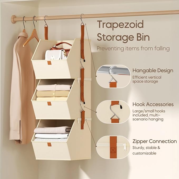 Collapsible Hanging Closet Organizer - 3 Tier Closet Shelves Storage System with Hooks, Fabric Hanging Storage Bins for Clothes, Foldable Storage Basket for Laundry, Bedroom, Rv, Beige