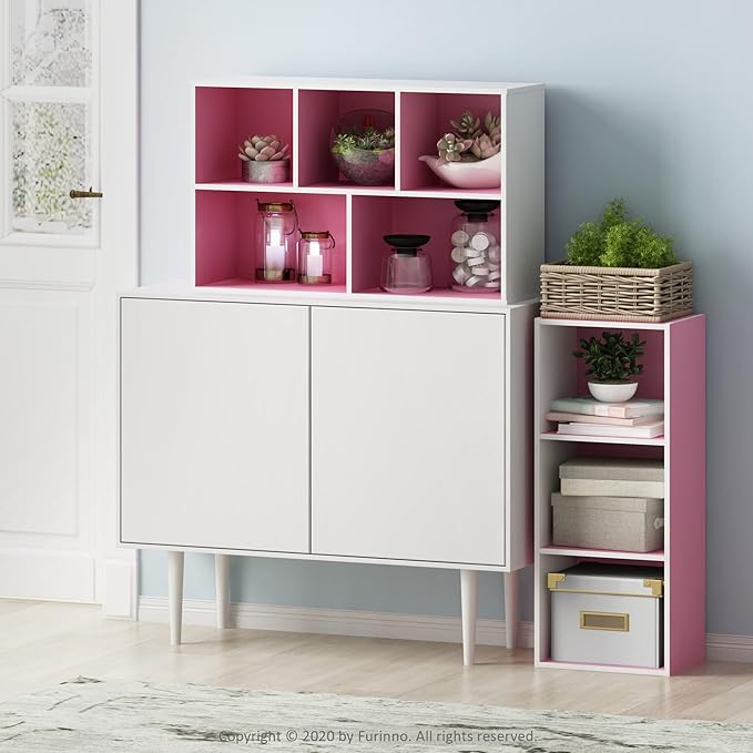 Furinno LUDER Book Shelf, 3-Cube Bookshelf, Bookcase with Open Shelves, 9.3 x 12 x 31.5, for Living Room, Bedroom, Home Office, White/Pink