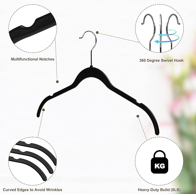 Quality Hangers Clothes Hangers 50 Pack - Non-Velvet Plastic Hangers for Clothes -Heavy Duty Coat Hanger Set -Space-Saving Closet Hangers with Chrome Swivel Hook, Non-Flocked Hangers (50, Black)