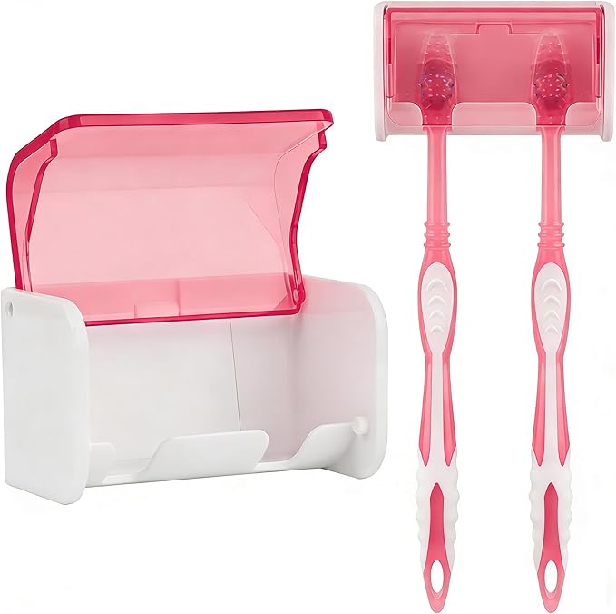 Toothbrush Holder Wall Mounted with Cover for Bathroom, 2 Slots Toothbrush Storage Organizer for Shower, Self Adhesive Toothbrush Hanger Rack for Dorm, Cabinet (Pink)