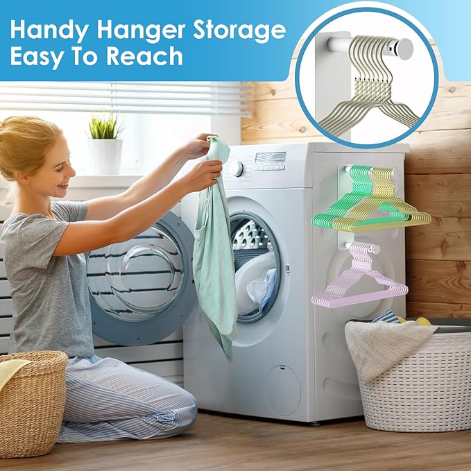 MFTEK Hanger Organizer Stacker, Magnetic Hanger Holder, Extendable Hangers Storage Rack for Washing Machine Closet Laundry Room Organization, Metal Stand Rack for Adult Kids Velvet Hangers (White)