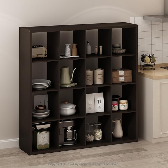 Furinno Simple Cube Storage Organizer, 16-Cube Display Shelf, Open Back Shelving Unit, Storage Shelves, Extra Thick Frame, for Organization and Storage, Living Room, Home Office, Dark Oak