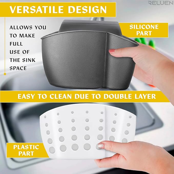 Reluen Silicone Sponge Holder For Kitchen Sink - Over The Faucet Sink Sponge Holder Hanging, 5.7 x 3.22 x 2.2 Convenient Size - Adjustable Silicone Holders With Strap, Easy to Use and Clean